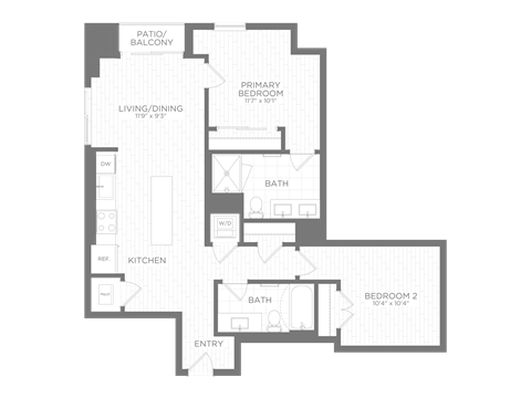 Floor plan for 2 beds, 2 baths, 840 sqft